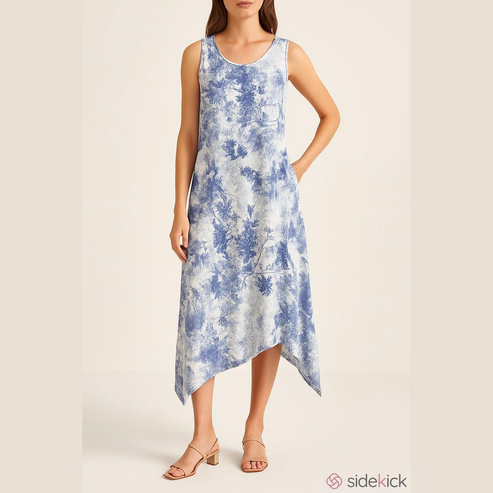 Valentina Naldi white blue linen handkerchief hem flowy dress Small